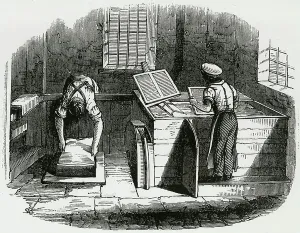 Manual Labor Jobs Impressions: Making paper by hand by sieving pulp in forms. Engraving 1845