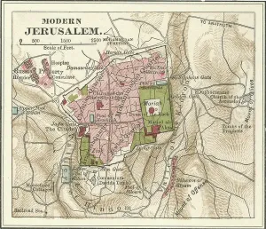 Historical Cartography Illustrations Impressions: Map of Jerusalem, c.1900 (engraving)