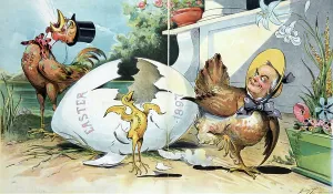 Easter Chick Impressions: Small chick labelled Prosperity hatching from an egg labelled Easter, 1897