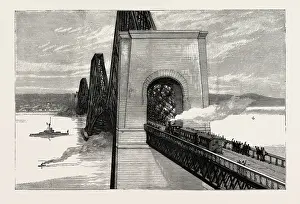 UK History Images Impressions: RUNNING THE FIRST TRAIN OVER THE NEW FORTH BRIDGE, engraving 1890, UK, U. K. Britain