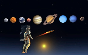 Solar System Exploration Impressions: An astronaut exploring our solar system of planets using rocket technology