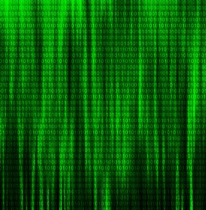 Electronic Data Storage Impressions: Binary code on green background