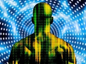 Binary Code Concept Impressions: Binary code streaming and man