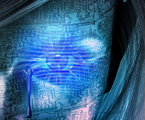 Artificial Intelligence Concept Impressions: Cyborg woman cries. Binary code, circuit pattern