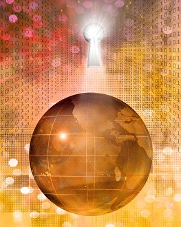 Electronic Data Protection Impressions: Earth, binary code and key hole
