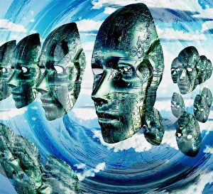 Artificial Intelligence Technology Impressions: Electronic Faces hovers. 3D rendering