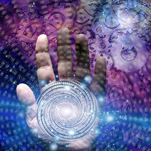 Abstract Spiral Design Impressions: Hand with time vortex and gears