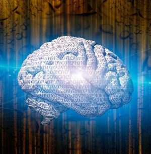 Artificial Intelligence Concept Impressions: Human brain with binary code