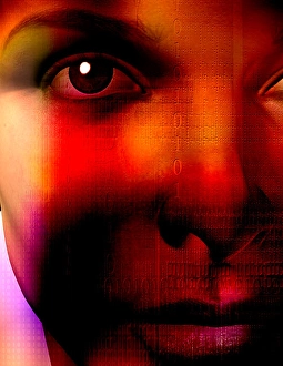 Digital Communication Network Impressions: Human face technology. Binary code
