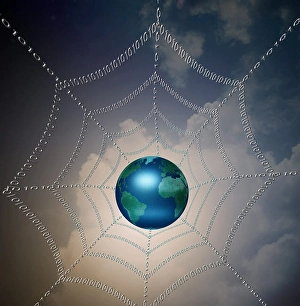 Global Network Connection Impressions: Internet represented by web of binary