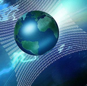 Global Network Connection Impressions: Internet represented by web of binary