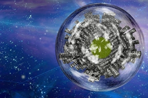 Futuristic Cityscape Impressions: Large city ship orbits in space