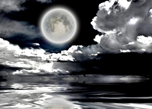 Dramatic Cloudscape Impressions: Full moon. Dramatic clouds reflected in calm wat