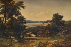 Un port entouré de collines boisées et de prairies avec des bovins, 1859, (1938). Artiste : Alfred Vickers.