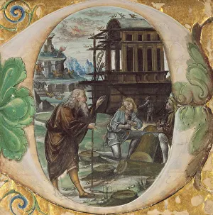 Illuminated Manuscript Examples Impressions: Initial D: Noah Directing the Construction of the Ark; Antiphonal