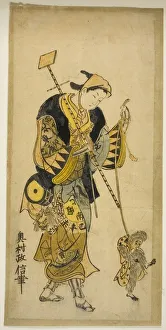 Heritage Animal Artwork Impressions: A Monkey Trainer and His Monkey, c. 1725. Creator: Okumura Masanobu