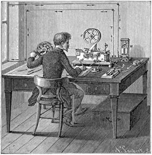 American Innovation History Impressions: Operator receiving a message in Morse code on an electric printing telegraph, 1887