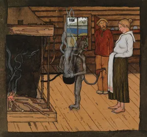Agricultural Worker Painting Impressions: The Poor Devil by the Fire; The Devil by the Pot, 1897. Creator: Hugo Simberg