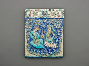 Persian Decorative Arts Impressions: Rectangular Tile with Musician and Dancer, Qajar dynasty (1796-1925), 19th century