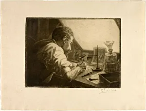 French Black And White Art Impressions: Self-Portrait Preparing an Etching, c. 1890. Creator: Henri-Charles Guerard