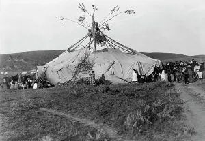 Native American Ceremony Impressions: Sun dance in progress-Cheyenne, c1910. Creator: Edward Sheriff Curtis