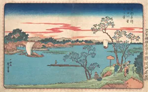 Polychrome Woodblock Art Impressions: A View of Cherry Trees in Leaf along the Sumida River, 1831. 1831. Creator: Ando Hiroshige