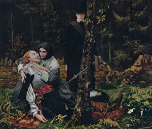 La Cavalière Blessée, 1855 (1912), peinture préraphaélite dun soldat royaliste blessé qui est consolé par une femme puritaine tandis que son amant regarde.