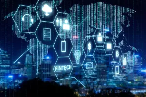 L'icône fintech et l'internet des objets avec un fond de code matrice, concept de technologie financière et d'investissement internet.