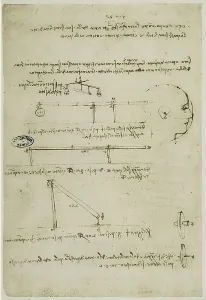 Études de physique : écrit par Léonard de Vinci, appartenant au Codice A (2172), c.2v, conservé à lInstitut de France, à Paris