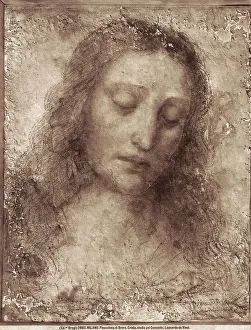 Impressions de La représentation de la face du Christ à fresque œuvre du Léonard de Vinçy, exécutée comme étude préparatoire pour La Dernière Cène dans l'église Sainte-Marie-des-Grâces à Milan L'art De La Haute Renaissance Impressions: Affresco du visage de Christ réalisé par Léonard de Vincent comme étude préliminaire pour La Dernière Cène dans