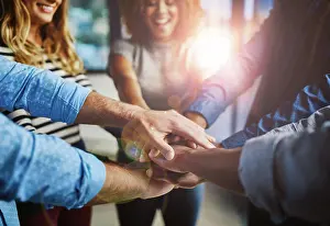 Diverse Workplace Impressions: Hands, group and stack at office with support