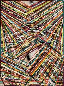 Impressions de Plusieurs lignes se heurtent, se mélangent et s'intersectent en séquences rapides de couleurs explosant dans cette peinture abstraite qui ébullit d'énergie et de mouvement Art Abstrait Impressions: Les lignes se croisent en plusieurs endroits.