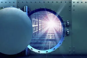 Internet Security Measures Impressions: Open vault door revealing computer servers and binary code