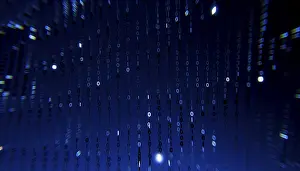 Dark Blue Background Image Impressions: 3D illustration of binary code cascading against a dark blue background