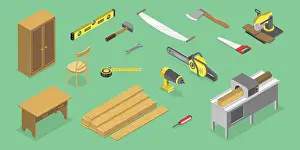 Aviation Industry Equipment Impressions: 3D Isometric Flat Vector Set of Carpentry Items