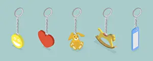 Romantic Gift Ideas Impressions: 3D Isometric Flat Vector Set of Keychains