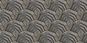 Futuristic Architecture Impressions: 3D pattern featuring interlocking shield-like tiles with a layered metallic texture