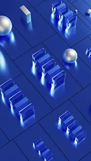 Impressions de Un ensemble de formes géométriques en bleu illuminant un environnement technologique 3D impressionnant, mettant en valeur des surfaces réfléchissantes et des conceptions complexes Œuvre D'art Minimaliste Impressions: Un ensemble de formes géométriques en bleu éclaire un environnement technologique 3D impressionnant