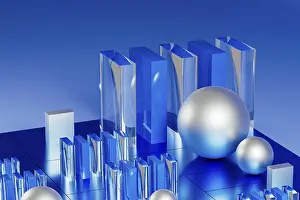 Art Numérique Impressions: Un ensemble de formes géométriques en bleu est projeté dans un environnement technologique 3D impressionnant