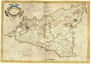 Impression encadrée : Atlas, carte de 1623, Sicile, Italie.