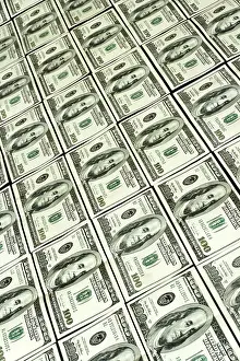 US Dollar Note Background Impressions: Background of rows hundred dollars bank notes