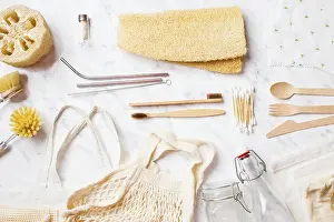 Eco Friendly Cosmetics Impressions: Basic zero waste set for bathing on light marble background