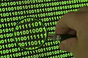 Computer Hacking Impressions: Binary code viewed through a magnifying glass