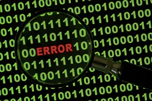 Computer Crime Scene Impressions: Binary code with the word 'Error' viewed through a magnifying glass Binary code with the word