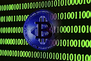 Digital Currency Image Impressions: Bitcoin with binary code
