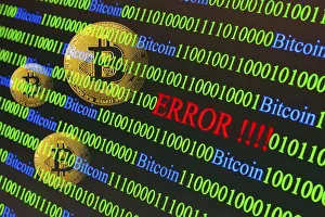 Blockchain Technology Symbol Impressions: Bitcoin, binary code with lettering Error