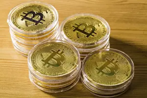 Blockchain Technology Image Impressions: Bitcoins on a light background
