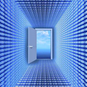Virtual Reality Concept Impressions: Blue room made of binary code with an open door to a cloudscape