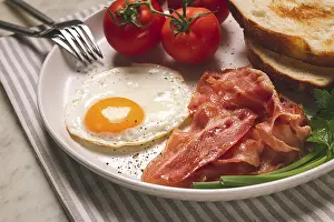 Fried Egg Detail Impressions: Breakfast, fried egg, bacon and bread