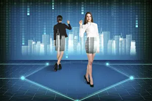 Futuristic Office Interior Impressions: Brunette operating with search interface on the wall